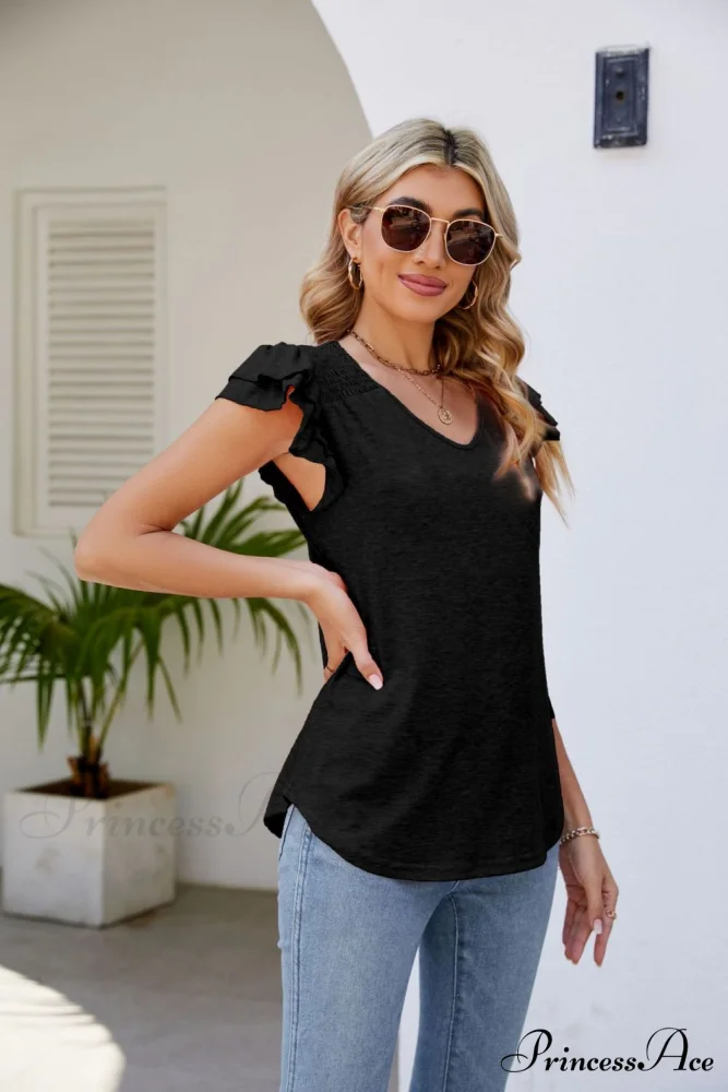 Top Smocked Flutter V-Neck with Arm Detail - Image 8