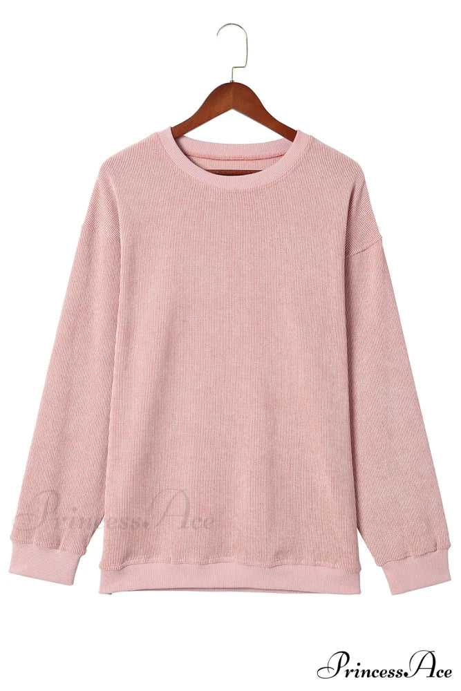 Knit Neck Pullover Ribbed Pink Round Sweatshirt - Image 10