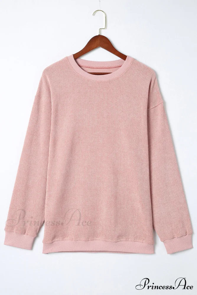 Knit Neck Pullover Ribbed Pink Round Sweatshirt - Image 4