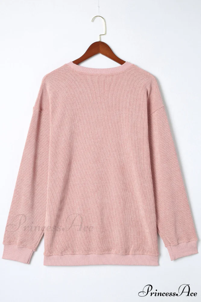 Knit Neck Pullover Ribbed Pink Round Sweatshirt - Image 5