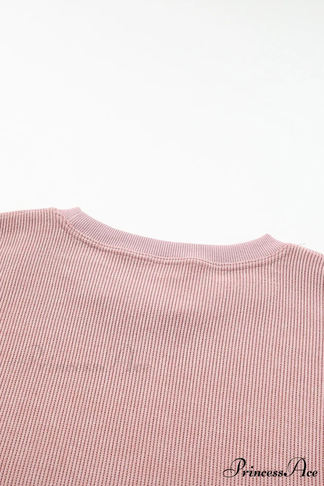 Knit Neck Pullover Ribbed Pink Round Sweatshirt - Image 8