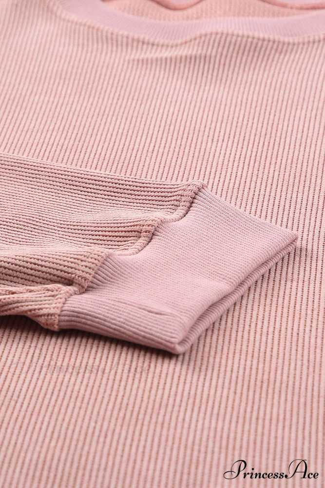 Knit Neck Pullover Ribbed Pink Round Sweatshirt - Image 9