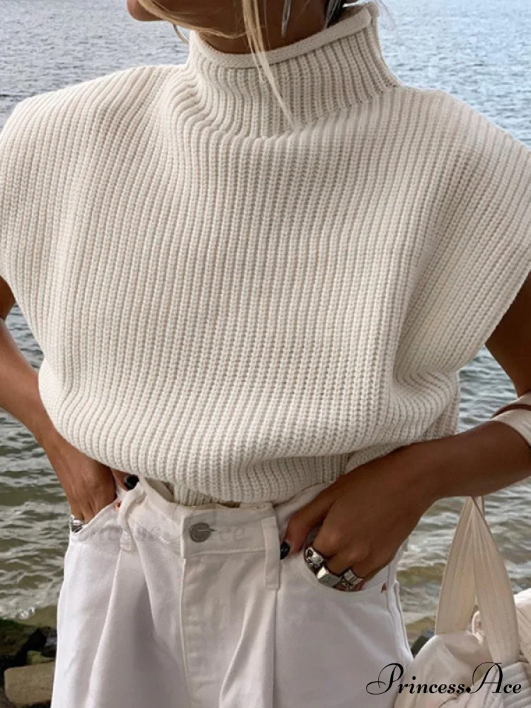 Turtleneck Color Solid Short-Sleeved Sweater Top - Image 12