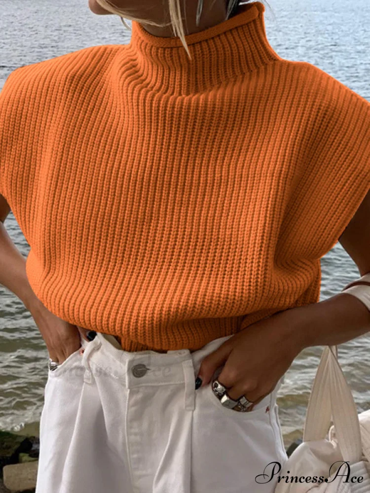 Turtleneck Color Solid Short-Sleeved Sweater Top - Image 15