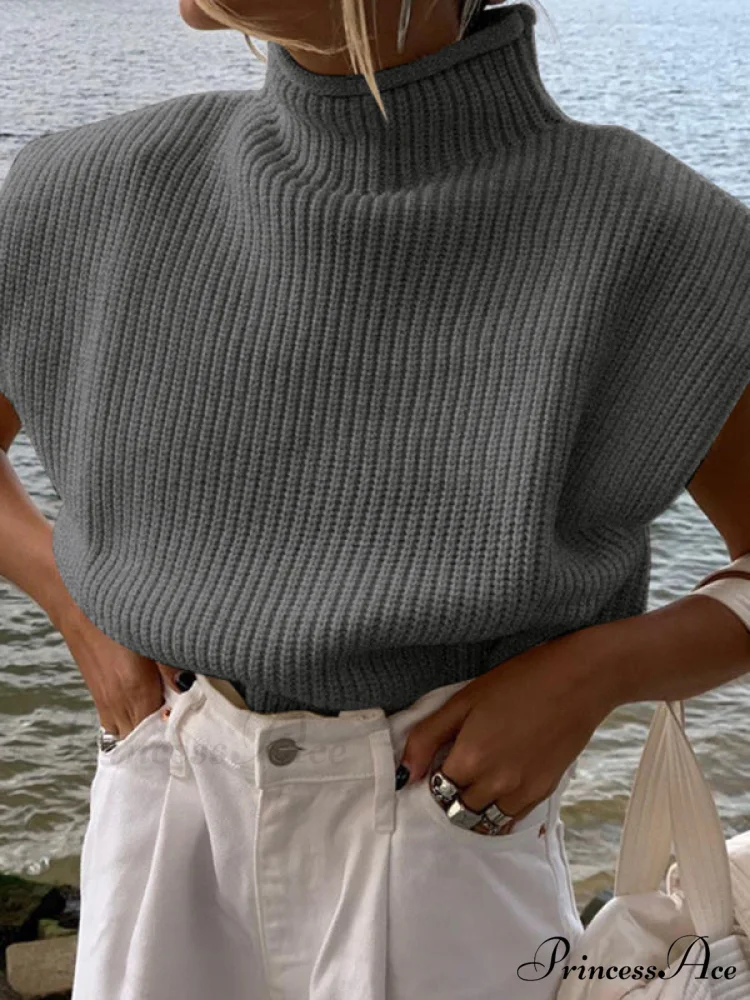 Turtleneck Color Solid Short-Sleeved Sweater Top - Image 16
