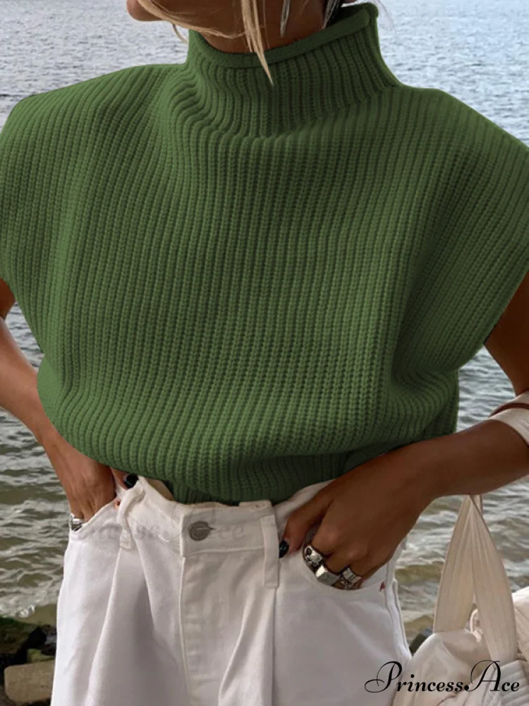 Turtleneck Color Solid Short-Sleeved Sweater Top - Image 17
