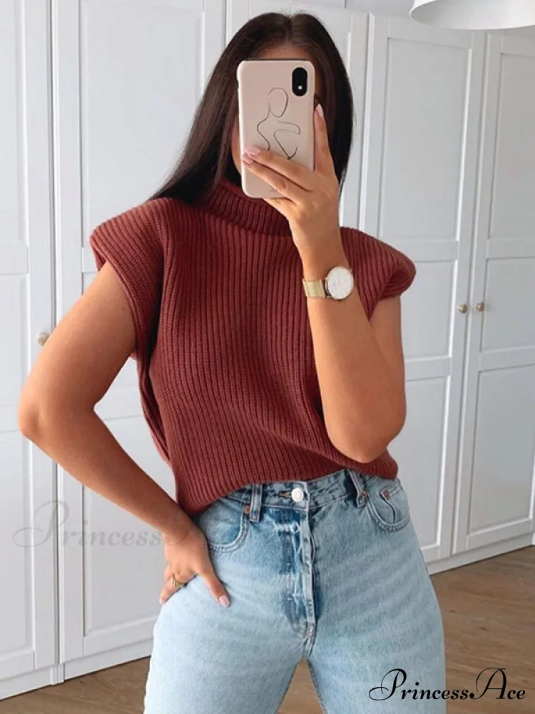 Turtleneck Color Solid Short-Sleeved Sweater Top - Image 2