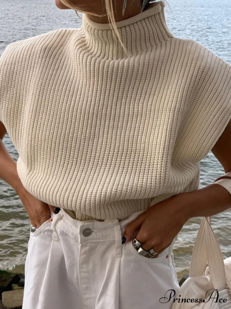 Turtleneck Color Solid Short-Sleeved Sweater Top - Image 7