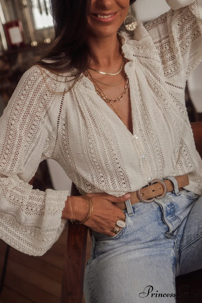 Long V-Neck Arm Lace Button White Up Shirt - Image 3