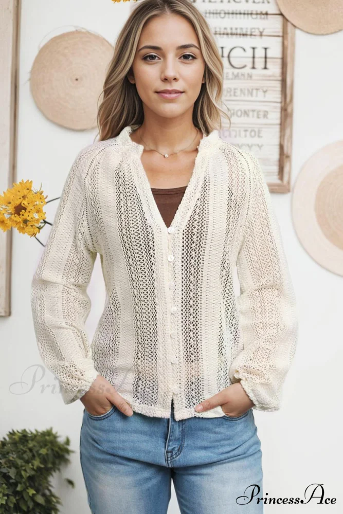 Long V-Neck Arm Lace Button White Up Shirt - Image 6
