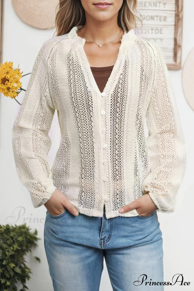 Long V-Neck Arm Lace Button White Up Shirt - Image 7
