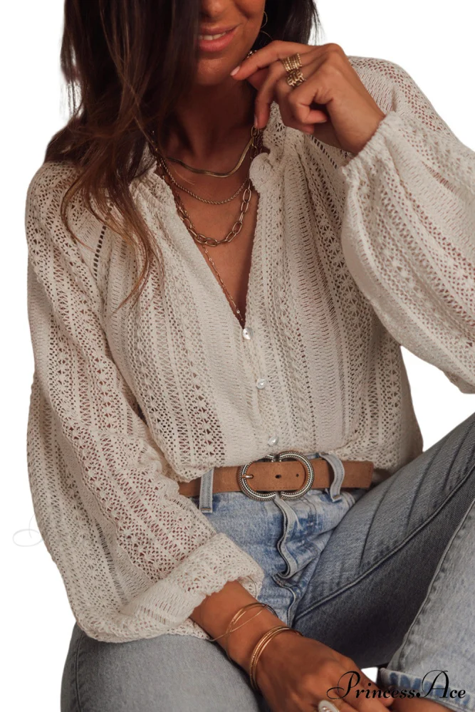 Long V-Neck Arm Lace Button White Up Shirt - Image 8