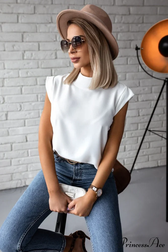 White Mock Sleeveless Solid Neck Top - Image 3