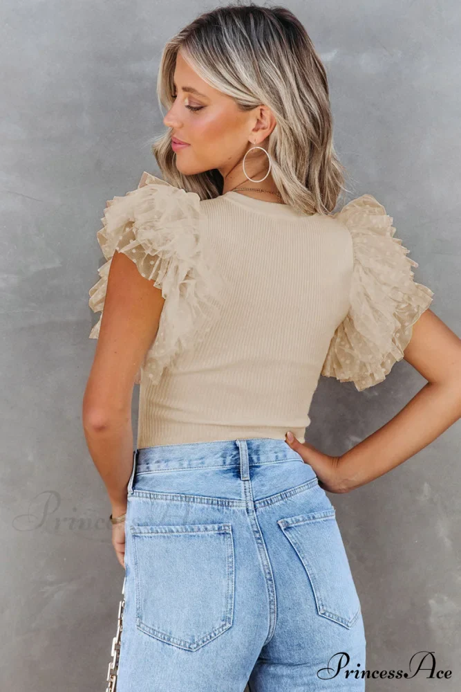 Apricot Ruffle Mesh Ribbed Knit Arm Top - Image 2