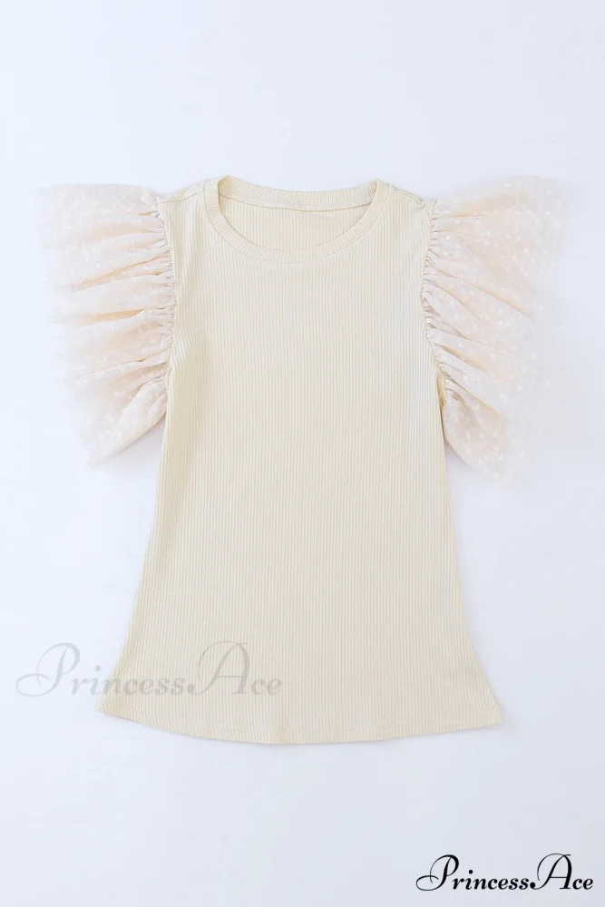 Apricot Ruffle Mesh Ribbed Knit Arm Top - Image 8