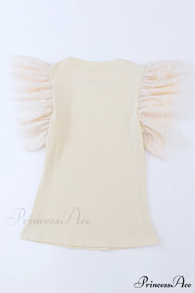 Apricot Ruffle Mesh Ribbed Knit Arm Top - Image 9