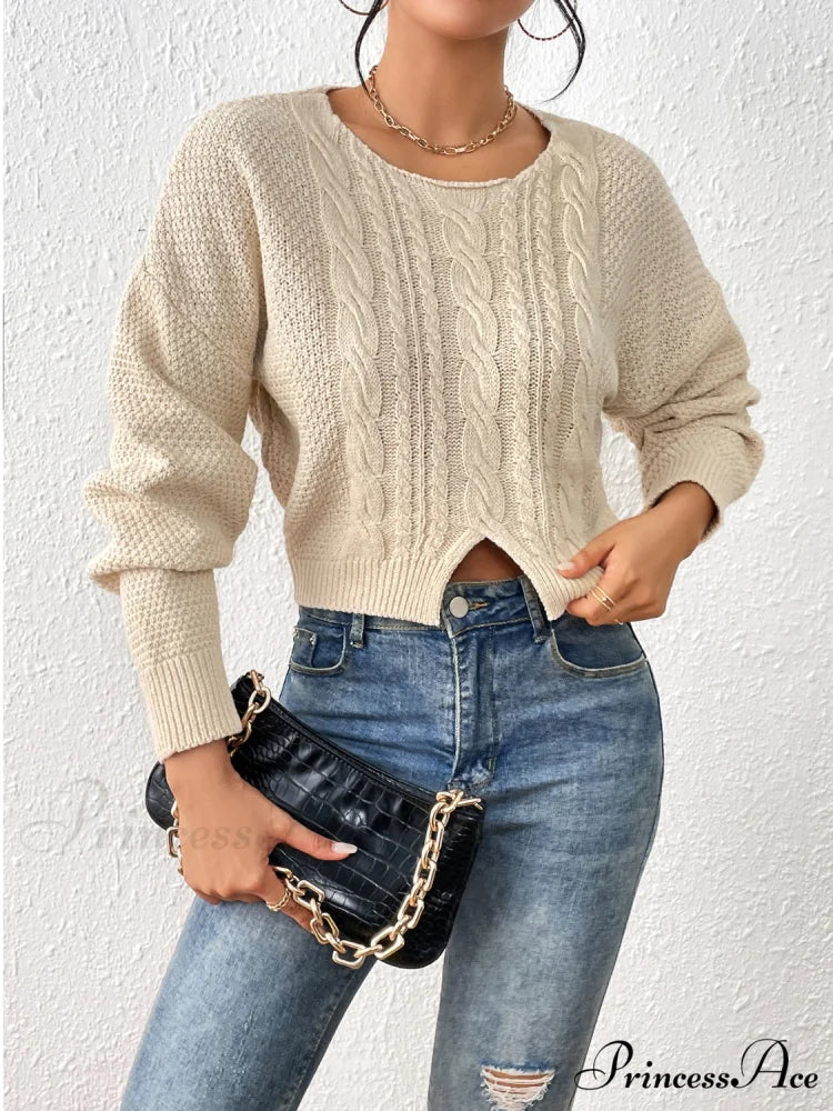 Slit Drop Shoulder Cable-Knit Sweater - Image 3