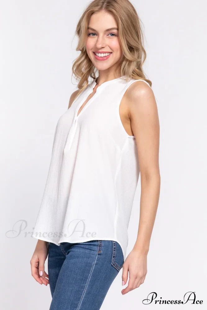 Woven Sleeveless Neck Henley Top - Image 3
