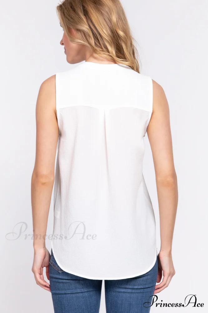 Woven Sleeveless Neck Henley Top - Image 4