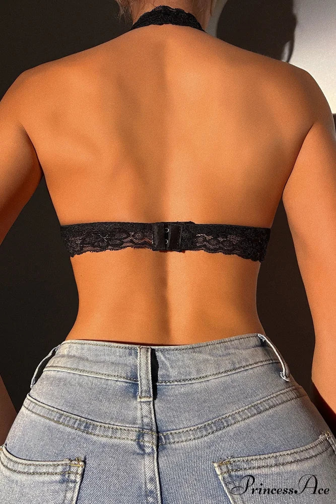 Crochet Bralette Halter Neck in Lace Black - Image 2
