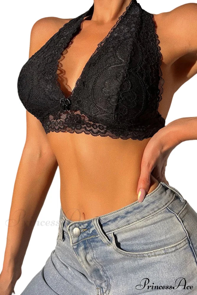 Crochet Bralette Halter Neck in Lace Black - Image 3