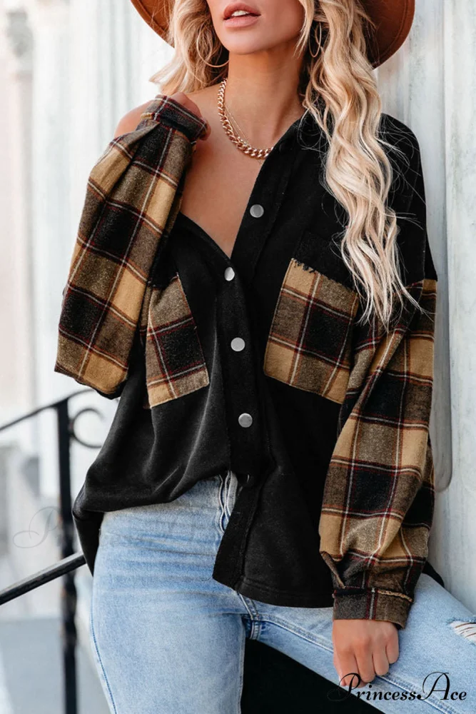 Chest with Blouse Oversized Jacket Plaid Patchwork Pockets