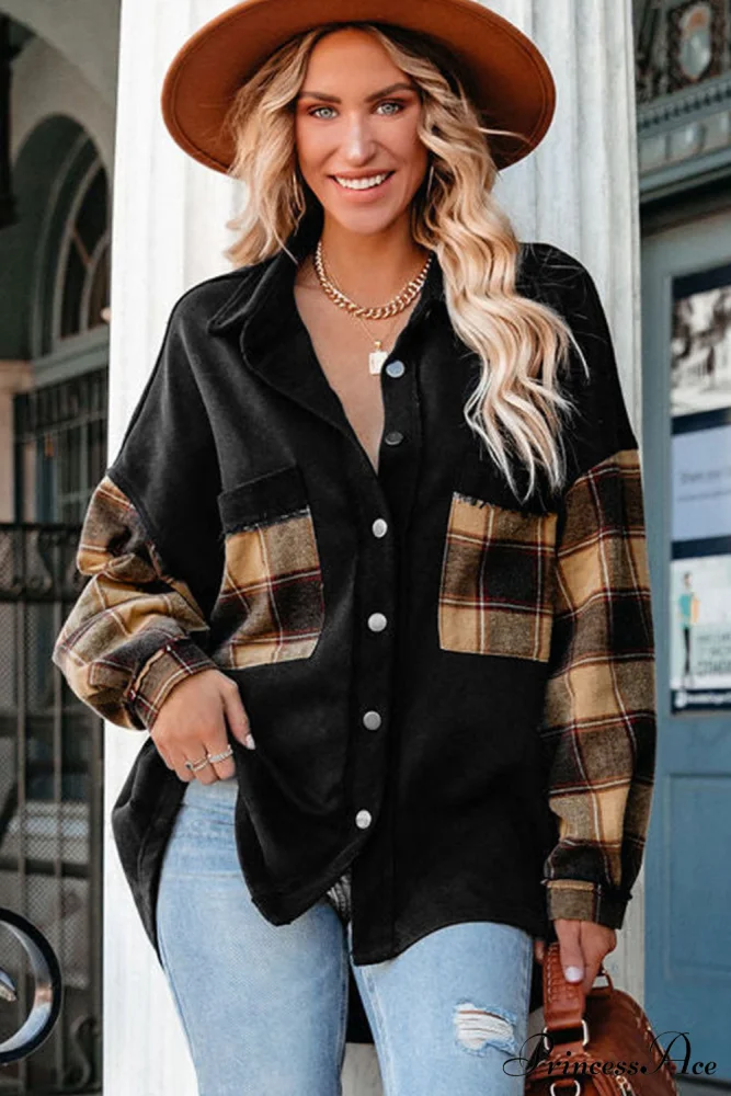 Chest with Blouse Oversized Jacket Plaid Patchwork Pockets - Image 3
