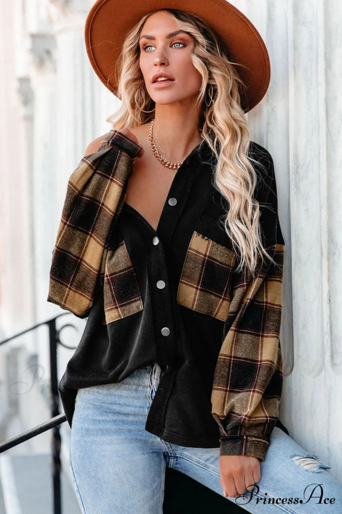 Chest with Blouse Oversized Jacket Plaid Patchwork Pockets - Image 4