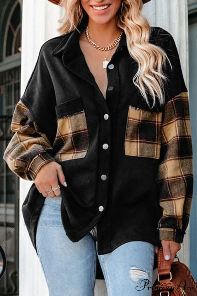 Chest with Blouse Oversized Jacket Plaid Patchwork Pockets - Image 5