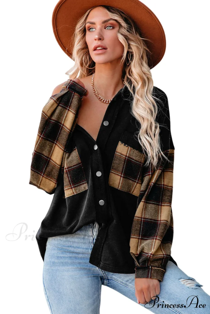 Chest with Blouse Oversized Jacket Plaid Patchwork Pockets - Image 6
