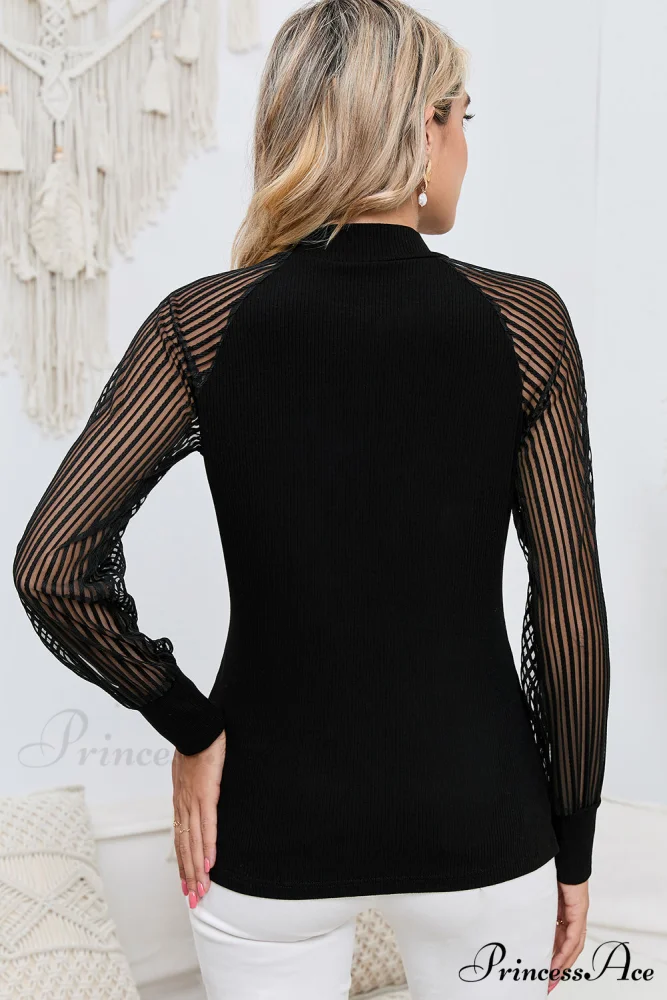 Semi-Sheer Arm Black with Round Blouse Long Neck - Image 2