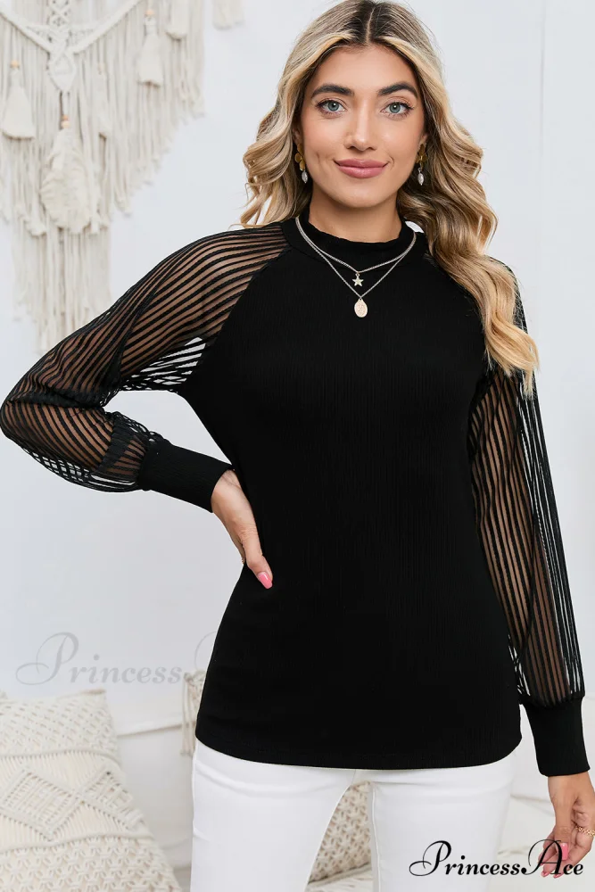 Semi-Sheer Arm Black with Round Blouse Long Neck - Image 4