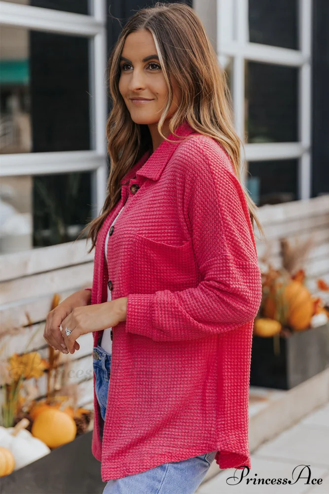 with Blouse Waffle-Knit Dropped Neck Collared Shoulder - Image 3