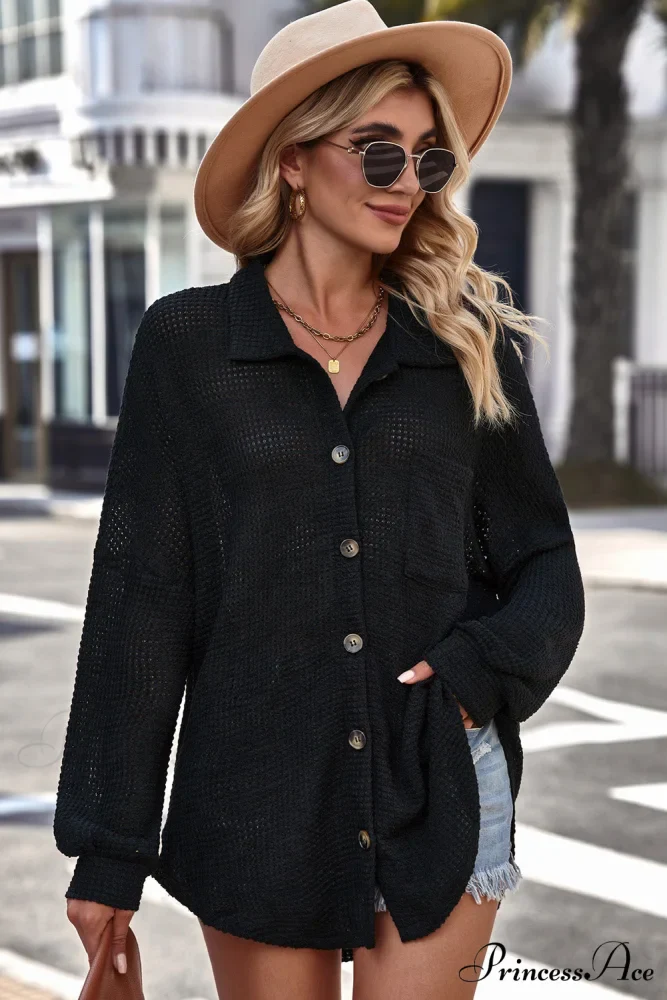 with Blouse Waffle-Knit Dropped Neck Collared Shoulder - Image 4