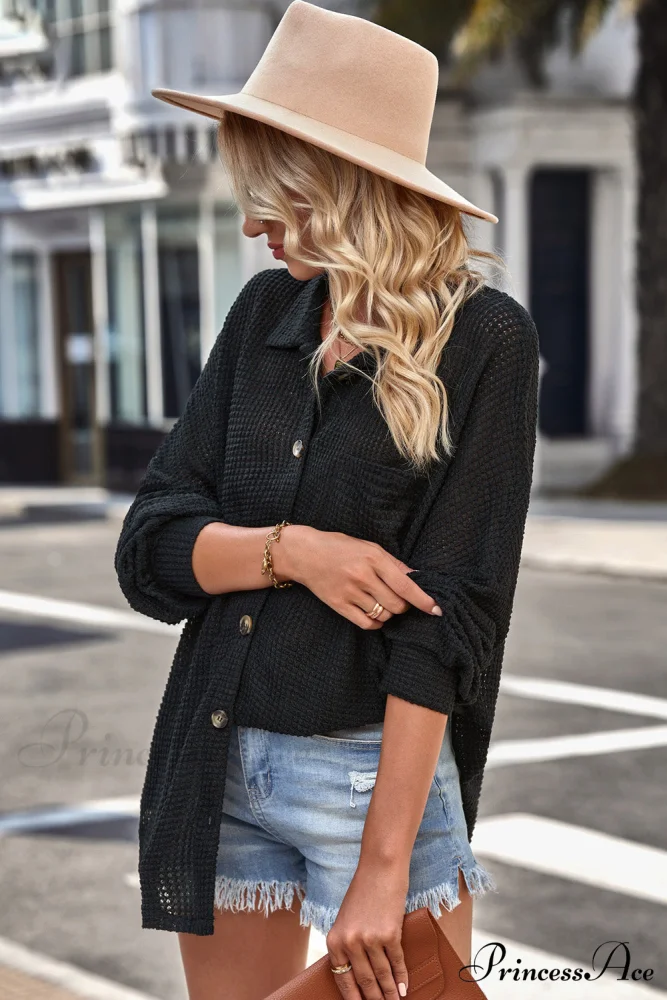 with Blouse Waffle-Knit Dropped Neck Collared Shoulder - Image 5