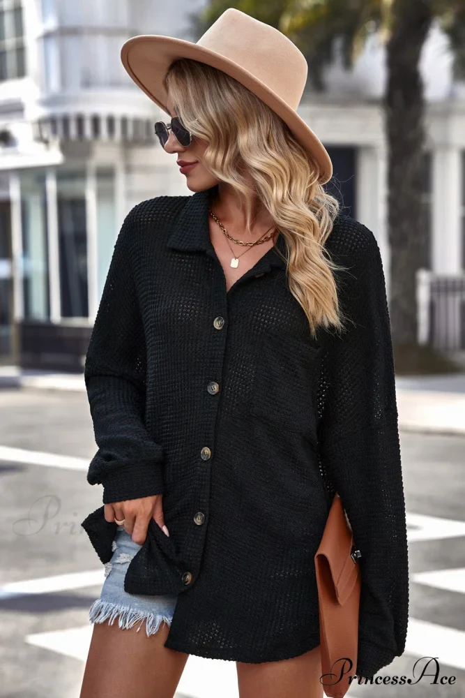 with Blouse Waffle-Knit Dropped Neck Collared Shoulder - Image 7