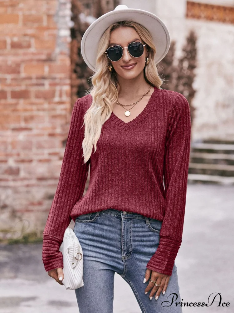 Ribbed Long Arm V-Neck Top - Image 14