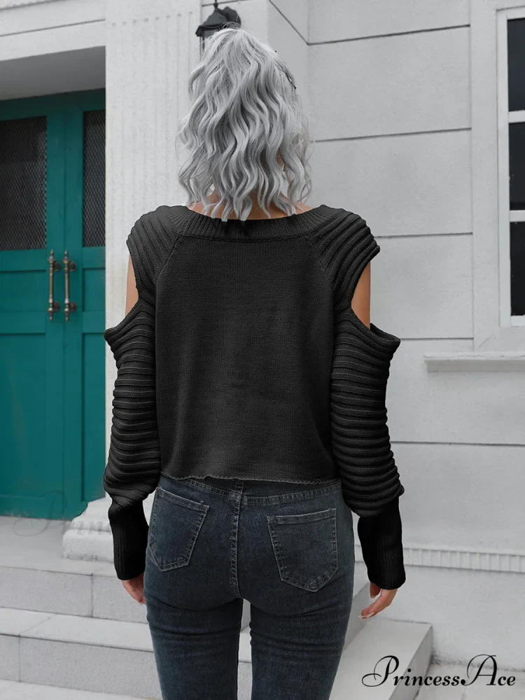 Ribbed Trim Cold-Shoulder Sweater - Image 2