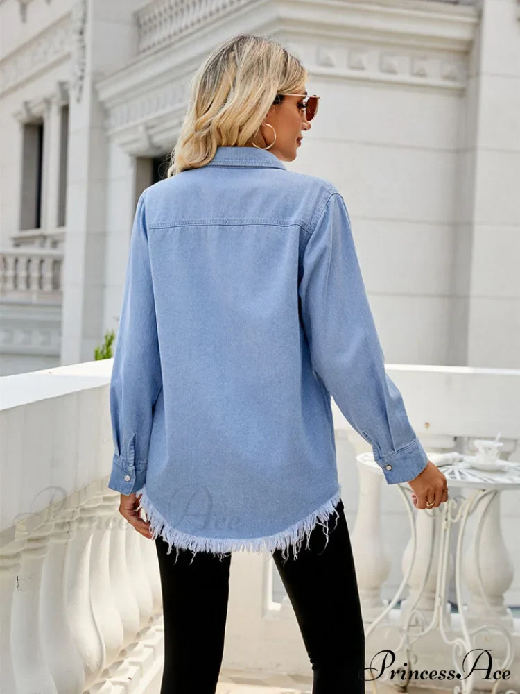 Raw Hem Denim Arm Long Blouse Jacket - Image 2