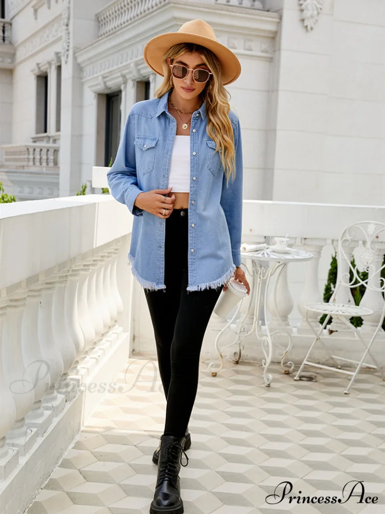Raw Hem Denim Arm Long Blouse Jacket - Image 4