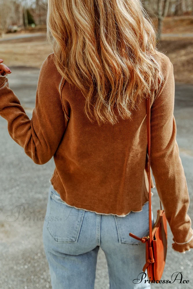 Long Round Arm Neck Brown Textured Top - Image 2