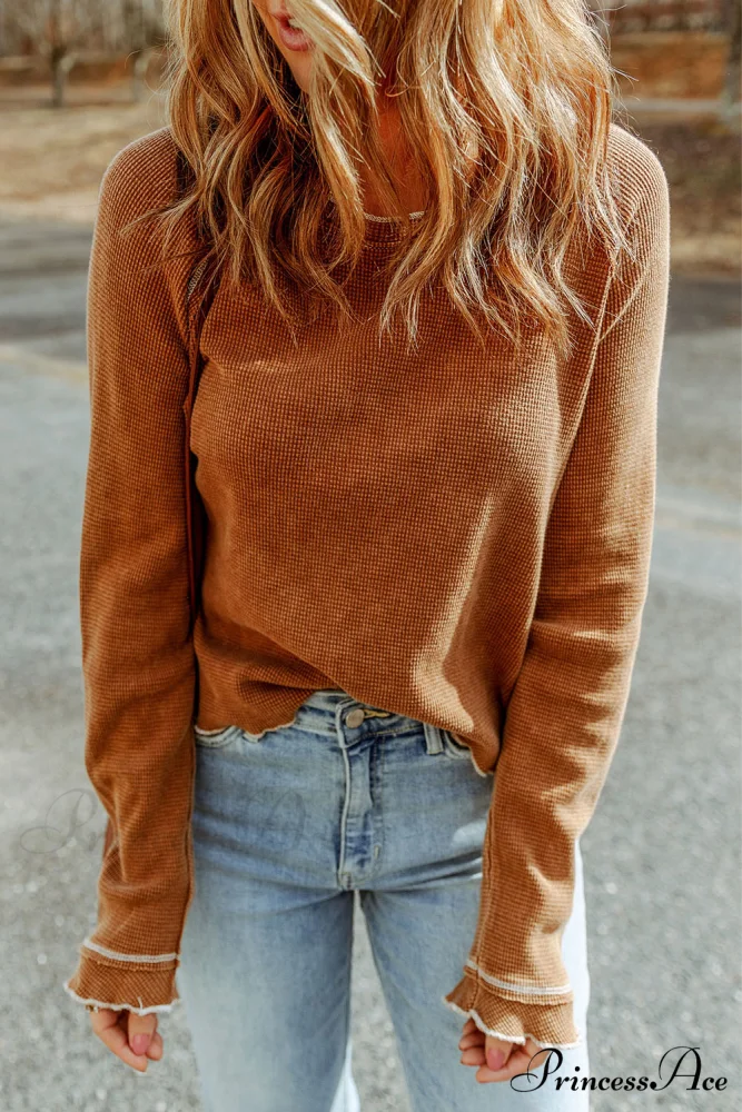 Long Round Arm Neck Brown Textured Top - Image 4