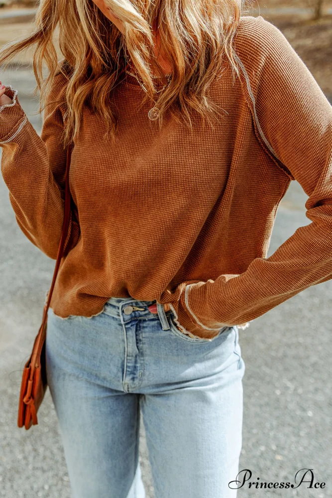 Long Round Arm Neck Brown Textured Top - Image 5