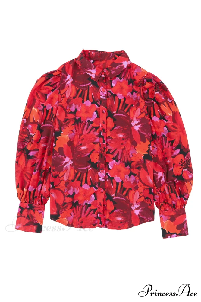 Blouse Lantern Arm Flowered Design in Red - Image 10