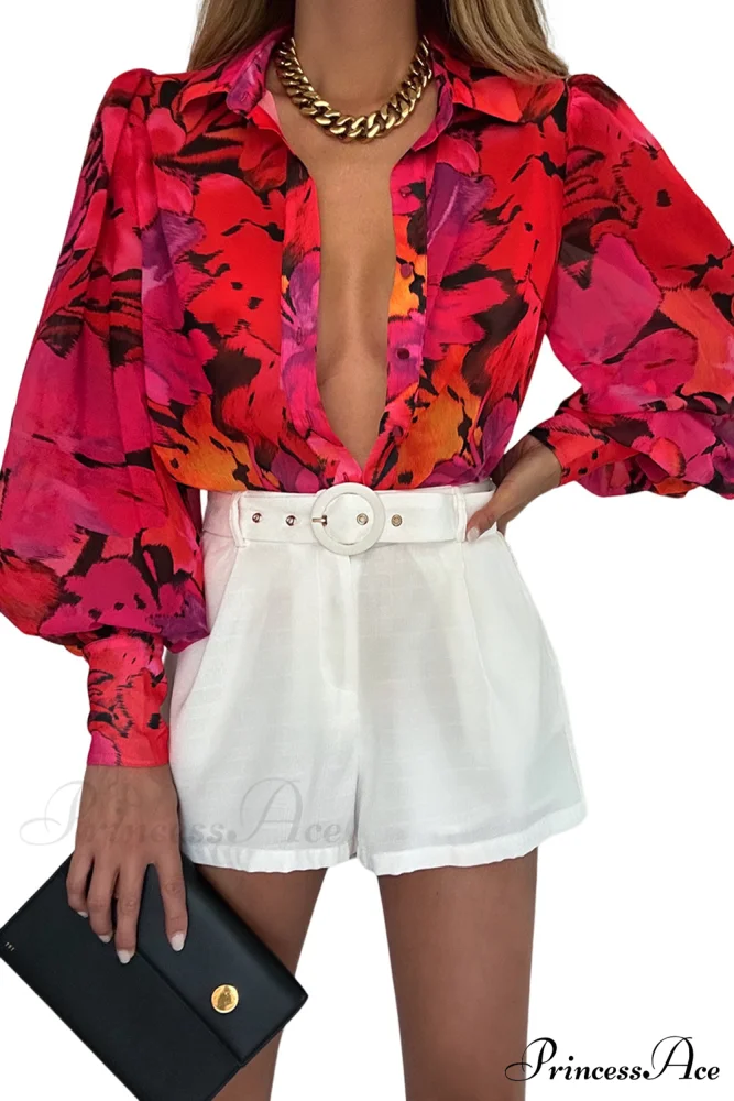 Blouse Lantern Arm Flowered Design in Red - Image 11