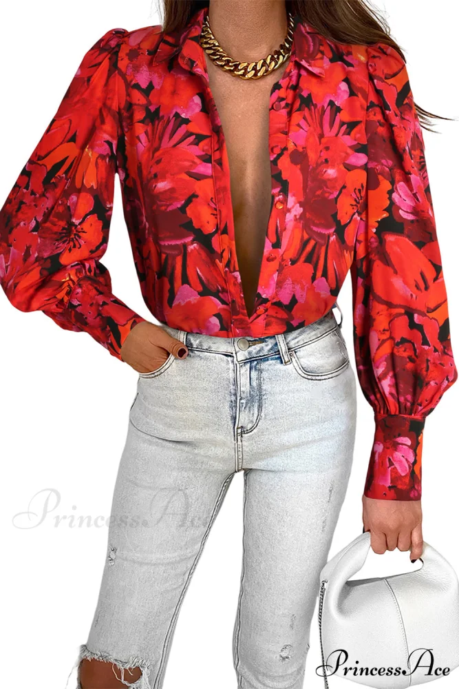 Blouse Lantern Arm Flowered Design in Red - Image 12