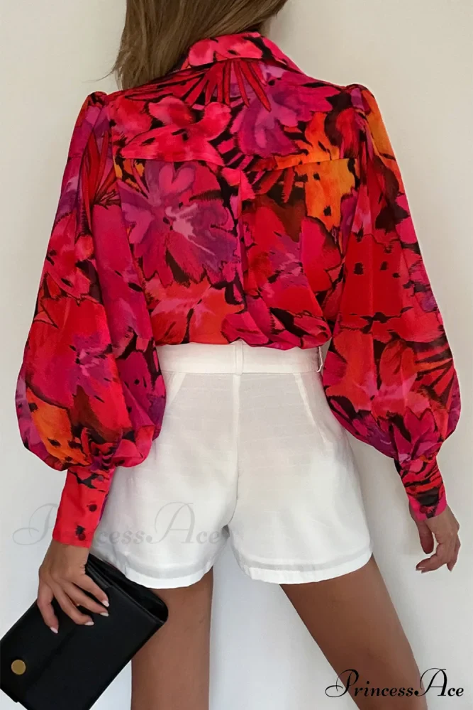 Blouse Lantern Arm Flowered Design in Red - Image 2