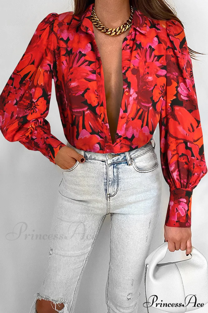 Blouse Lantern Arm Flowered Design in Red - Image 3