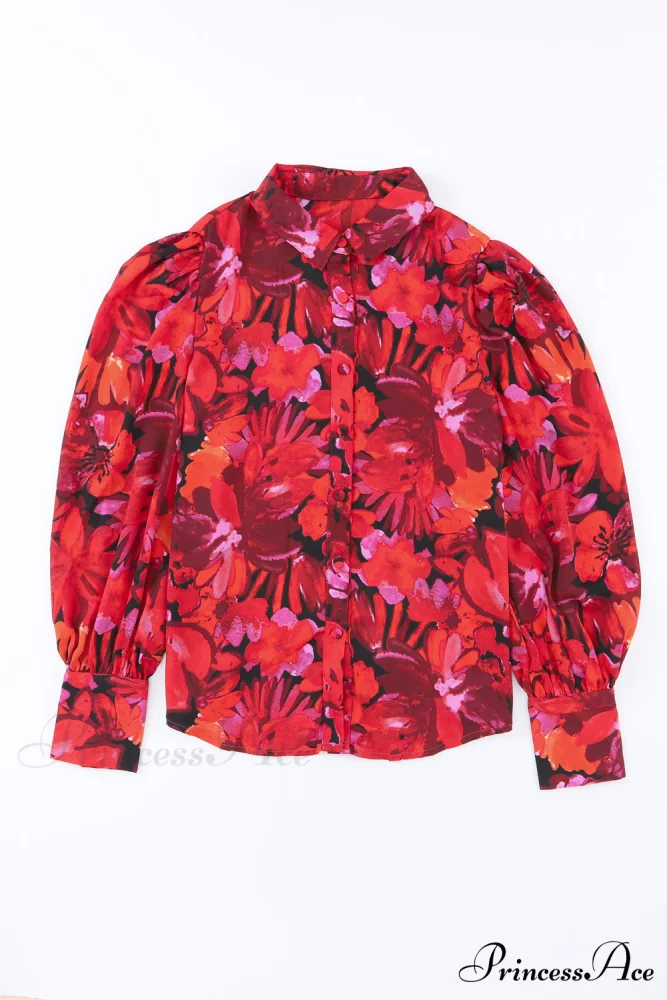 Blouse Lantern Arm Flowered Design in Red - Image 4