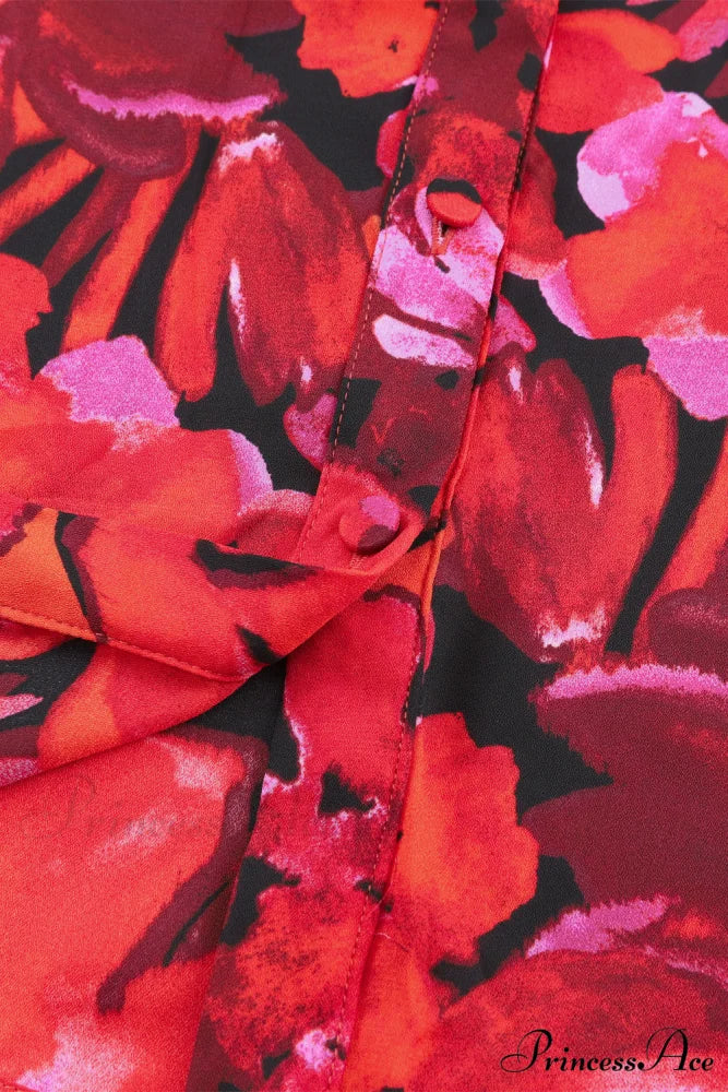 Blouse Lantern Arm Flowered Design in Red - Image 7